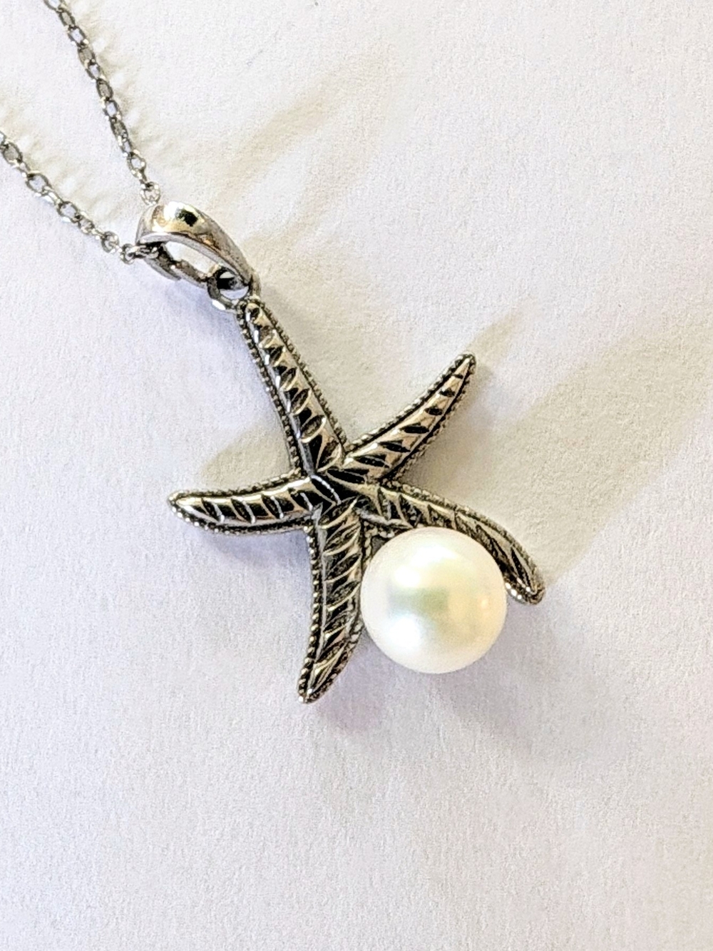Sterling Silver White Freshwater Pearl Starfish Sea-Star Pendant Necklace 18"